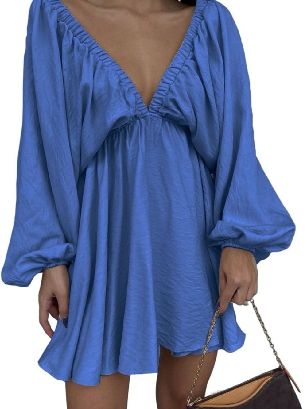 Deep V-neck puff long sleep mini dress Size Small CREAM COLOR